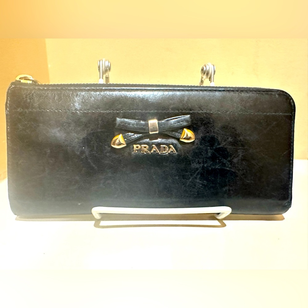 Prada Leather 3/4 zip Bow Long Wallet